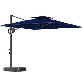 SUNVISTA Cantilever Parasol with Weighted Base Double Top Garden Parasol Square Hanging Patio Umbrella with Crank Tilt Dark Blue