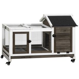 Wooden Rabbit Hutch with Wheels, Guinea Pig Cage, Small Animal House for Outdoor & Indoor with Slide-out Tray, 108 x 58 x 73.5cm, Coffee
