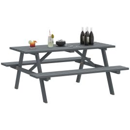 SUNVISTA 6 Seater Wooden Picnic Table Bench for Outdoor Garden or Patio with Parasol Cutout 150 cm Grey