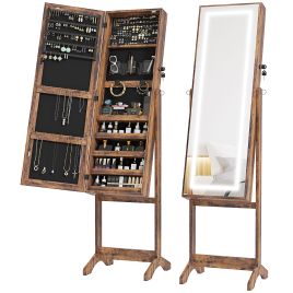 HERON Jewellery Cabinet with LED Light, Lockable Jewellery Organiser with Full-Length Mirror for Bedroom Dressing Room, Rustic Brown
