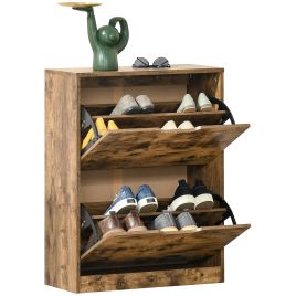 2 Drawer Shoe Cabinet Industrial Shoe Cupboard Hallway Wooden Storage Organiser with Flip Doors Adjustable Shelf for 12 Pairs Rustic Brown