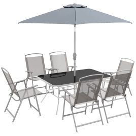 SUNVISTA Eight-Piece Garden Dining Set, with Chairs, Table and Parasol - Grey