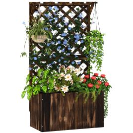 SUNVISTA Wooden Planter with Trellis, Raised Bed with Drainage, Carbonised Finish