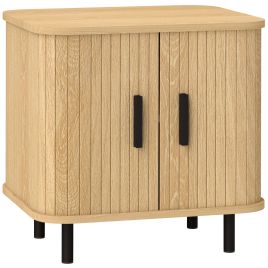 HERON Bedside Table, Nordic Side Table with Roller Shutter Style Sliding Doors and Metal Legs for Bedroom, Living Room, Oak Tone