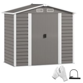 SUNVISTA 7x4ft Garden Storage Shed, Galvanised Steel, Double Doors with Lock, Foundation Kit & Vents, Light Grey