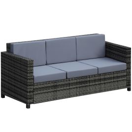 Garden Rattan Sofa 3 Seater All-Weather Wicker Weave Metal Frame Chair with Fire Resistant Cushion - Grey