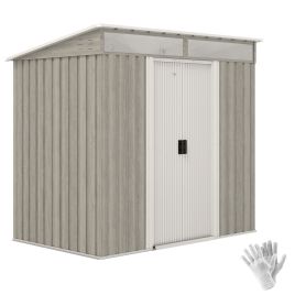 SUNVISTA 6.5 x 4FT Galvanised Metal Shed with Foundation Kit, Lockable Tool Garden Shed with Double Sliding Doors, Vents, Light Grey Wood Effect