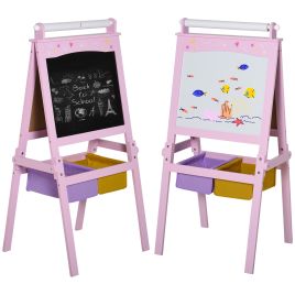 3 In 1 Kids Wooden Art Easel with Paper Roll Double-Sided Chalkboard & Whiteboard with Storage Baskets Gift for Toddler Girl Age 3 Years+ Pink