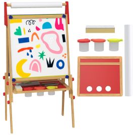 AIVAGO 3-in-1 Wooden Kids Easel with Paper Roll, Whiteboard, Chalkboard, Painting Accessories