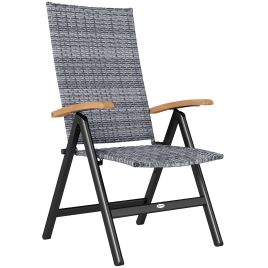 SUNVISTA Outdoor Folding Rattan Chair with Armrests, High Backrest, for Garden, Camping, Balcony, Porch - Light Grey