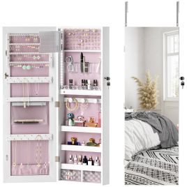 HERON 108 x 37cm Lockable Jewellery Cabinet, with LED Lights - White Surface and Pink Lining