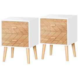 HERON Bedside Table Set of 2 Modern Cabinets Drawer Pine Wood Legs - White Natural