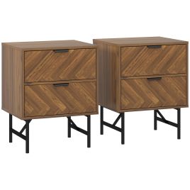 HERON Bedside Table Set of 2 2 Drawers Herringbone Pattern Metal Legs - Walnut Brown