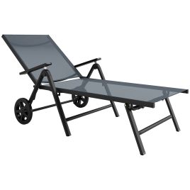 SUNVISTA 5-Position Folding Sun Lounger with Wheels & Armrests, Reclining Garden Chair, Grey