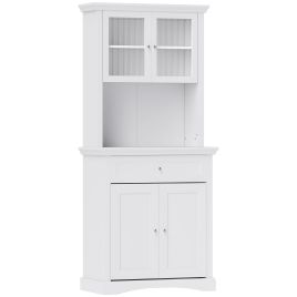 HERON 4-Door Kitchen Cupboard with Drawer, Freestanding Kitchen Cabinet with Glass Doors, Adjustable Shelves and Open Counter, White