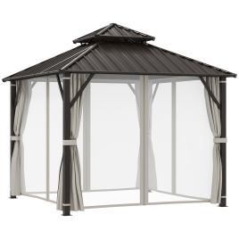 SUNVISTA 3x3m Hardtop Gazebo with Double Metal Roof, Waterproof Pavilion with Netting & Curtains - Beige