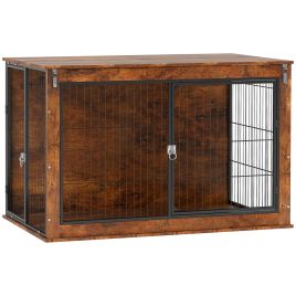 PAWSTER Dog Crate Furniture with Flip-up Top, 2 Doors, for Extra Large Dogs, 118 x 75 x 77cm, Rustic Brown