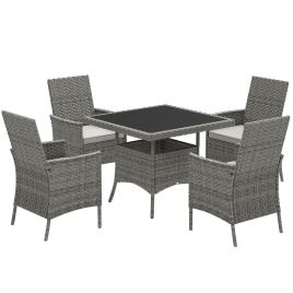 SUNVISTA 4-Seater Rattan Dining Set, Square Glass Table & Cushions, Outdoor Furniture for Balcony or Terrace, Grey