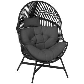 SUNVISTA Oversized Rattan Egg Chair with Cushion & Headrest, Freestanding Indoor Outdoor Lounger, Charcoal Grey
