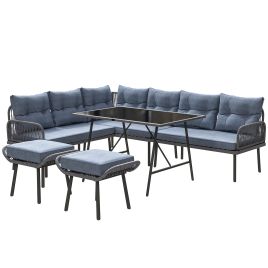 SUNVISTA 6-Piece Rattan Garden Set, 8-Seater Corner Sofa with Cushions & Glass Table, Outdoor Conservatory Set, Charcoal Grey