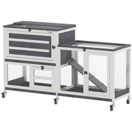 PAWSTER Wooden Rabbit Hutch with Run, 2-Tier Guinea Pig Hutch with Run, Wheels, 3 Plastic Trays, 2 Openable Top, for 2-3 Rabbits