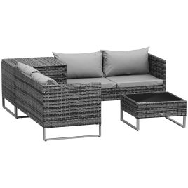 4 PCs Garden Rattan Wicker Outdoor Furniture Patio Corner Sofa Love Seat and Table Set with Cushions Side Desk Storage - Mixed Grey