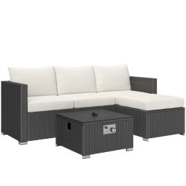 SUNVISTA Five Piece Rattan Garden Furniture Set with Gas Fire Pit Table and Footstool - Black and Cream White