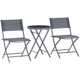 SUNVISTA 3 Pieces Outdoor Bistro Set, Glass Top Outdoor Table and 2 Folding Chairs with Protecting Feet, Grey