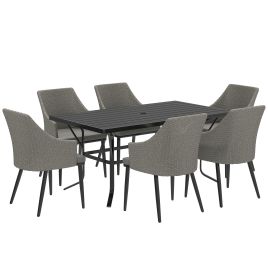 SUNVISTA 6-Seater Rattan Dining Set with Cushions, Slatted Table & Parasol Hole, Outdoor Patio Furniture, Grey