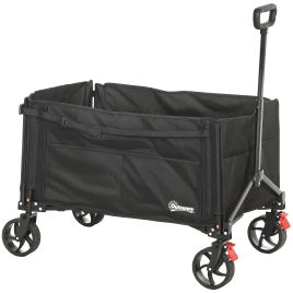 SUNVISTA 150L Folding Trolley Wagon with Brakes & Openable Sides, Adjustable Handle, Black