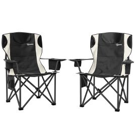 SUNVISTA Set of 2 Padded Folding Camping Chairs with Armrests, Cup Holder, Cooler Bag & Side Pocket, Black