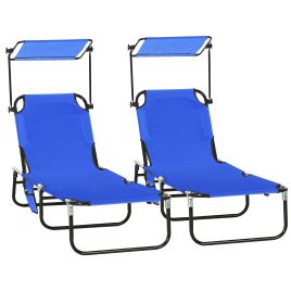 SUNVISTA 2 Piece Folding Sun Loungers with Canopy, Adjustable Recliner Garden Chairs with Side Pocket, Blue