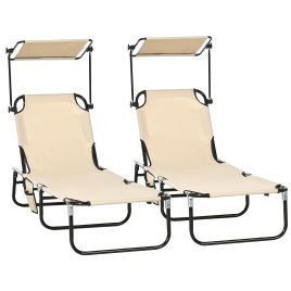 SUNVISTA 2 Piece Folding Sun Loungers with Canopy, Adjustable Recliner Garden Chairs with Side Pocket, Tan Brown