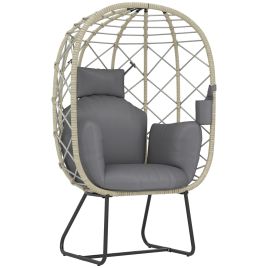 SUNVISTA Rattan Egg Chair Outdoor Indoor Wicker Chair with Thickened Cushion and Headrest, Standing Garden Egg Chair with Cup Holder, Grey