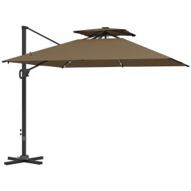 SUNVISTA 3.5x3m LED Cantilever Parasol with Centre Light, UPF50+ Patio Umbrella with Tilt & Cross Base, Khaki