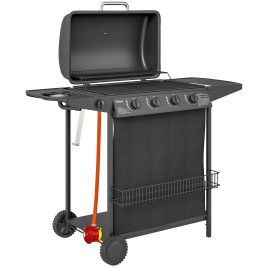 SUNVISTA 4+1 Burner Gas BBQ Grill, Built-in Thermometer, Side Table, Wheels, Outdoor Cooking, Black