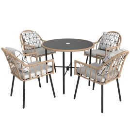 SUNVISTA 5-Piece Rattan Dining Set with Cushions, Round Glass Table with Parasol Hole, Patio Furniture, Light Brown