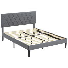 HERON Double Bed Frame with 5-Level Adjustable Linen Upholstered Headboard, Wooden Slats Mattress Foundation, No Box Spring Needed, Grey