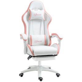 Racing Gaming Chair, Reclining PU Leather Computer Chair with 360 Degree Swivel Seat, Footrest, Removable Headrest White and Pink