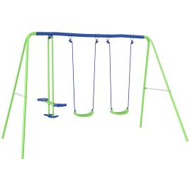 Metal Swings & Seesaw Set Double Seats with a Height Adjustable Children Outdoor Backyard Play Set for Toddlers Over 3 Years Old, Green