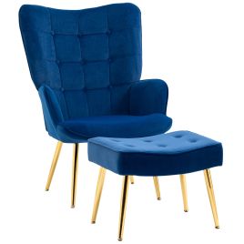Upholstered Armchair w/ Footstool Set, Modern Button Tufted Accent Chair w/ Gold Tone Steel Legs, Wingback Chair, Dark Blue