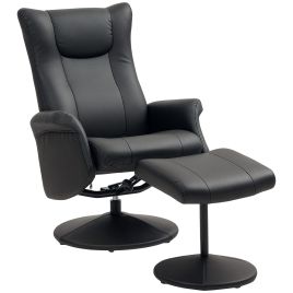 HERON Swivel PU Leather Recliner Chair with Footstool, Adjustable Lounge Armchair with Steel Frame, Black