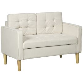 Modern Loveseat Sofa, Compact 2 Seater Sofa with Hidden Storage, 117cm Tufted Cotton Couch with Wood Legs, Cream White