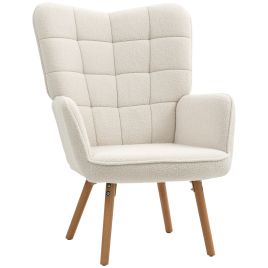 HERON Tufted Wingback Armchair, Teddy Fleece Accent Chair with Wood Legs, Cream White