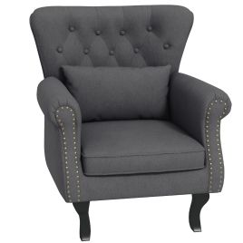 Chesterfield-style Accent Chair, Tufted Wingback Armchair with Pillow, Naihead Trim for Living Room, Bedroom, Dark Grey