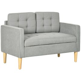 Modern 2 Seater Sofa with Hidden Storage, 117cm Tufted Cotton Couch, Compact Loveseat Sofa with Wood Legs, Light Grey