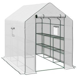 Walk-in Greenhouse w/ 3 Tier Shelves, Green House Garden Grow House w/ PE Cover, Roll-up Door, Mesh Windows, 140 x 213 x 190cm, White