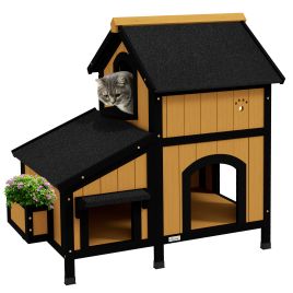 PAWSTER Wooden Cat House with Flower Pot, Windows, Multiple Entrances, Water-Resistant Roof for Outdoor - Yellow