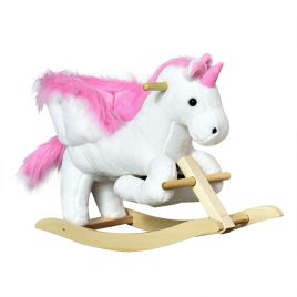 Unicorn Rocking Horse Kids Wooden Ride On Plush Toy with Music - Pink and White