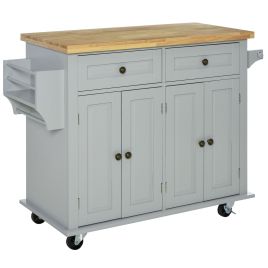 Rolling Kitchen Island Storage Trolley with Rubber Wood Top & Drawers for Dining Room, Grey